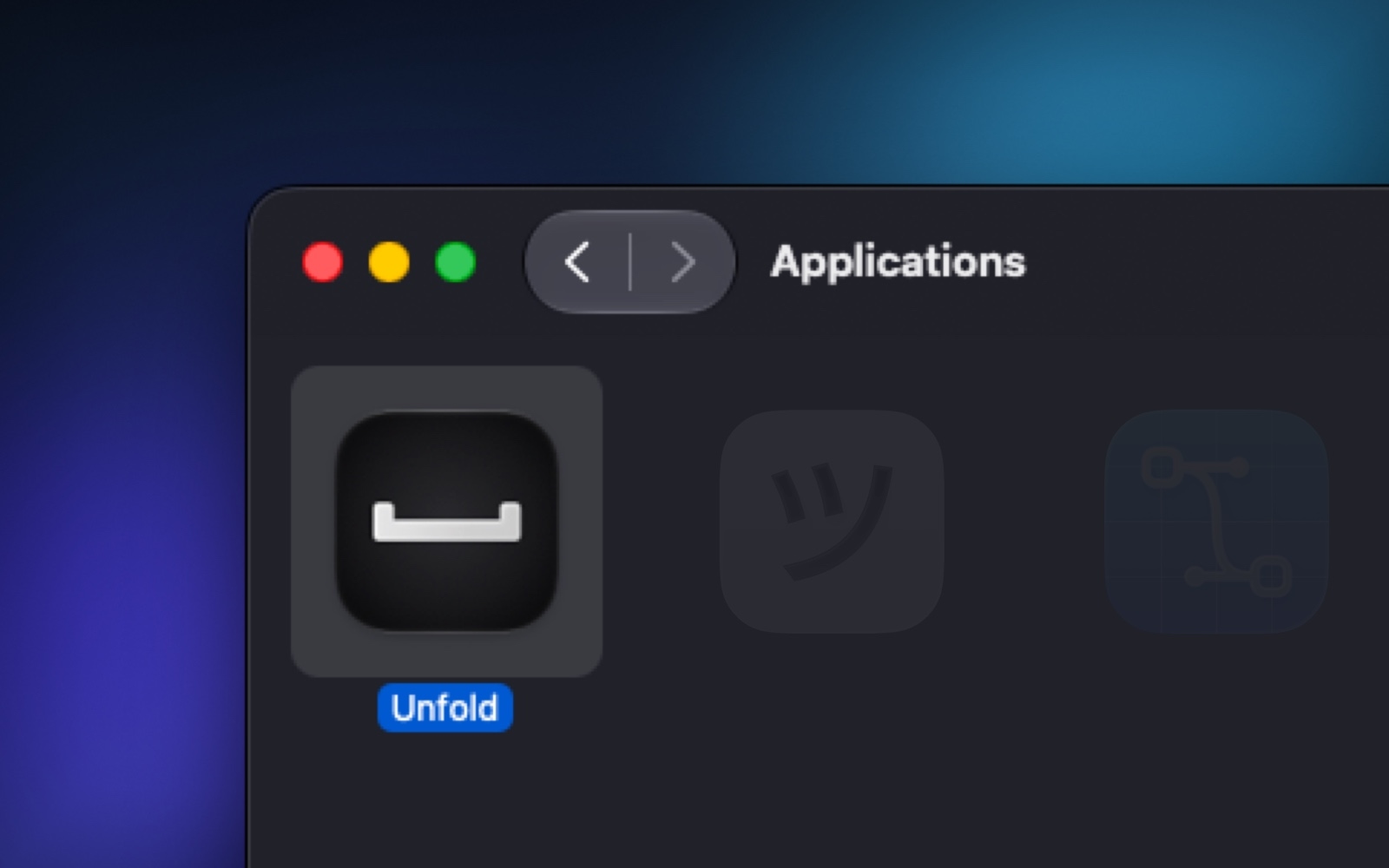 A Finder window open on Applications with Unfold selected