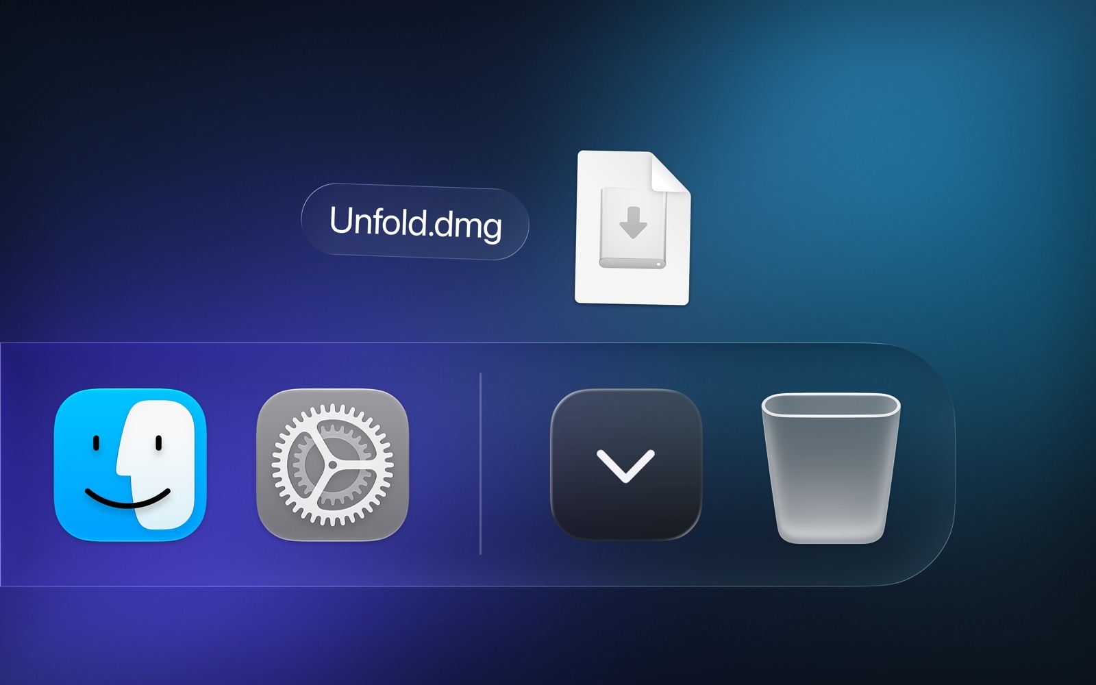 The Unfold disk image above the Dock, labelled Unfold.dmg