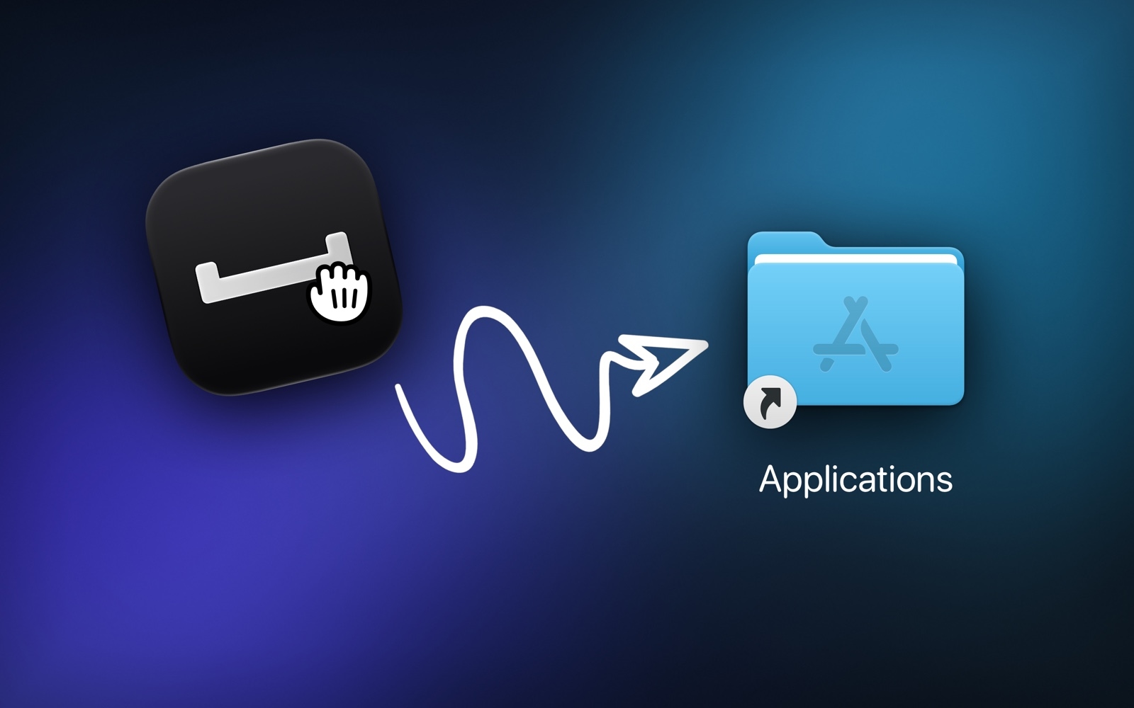 The Unfold icon under a closed drag cursor, an arrow curving from it to the Applications folder