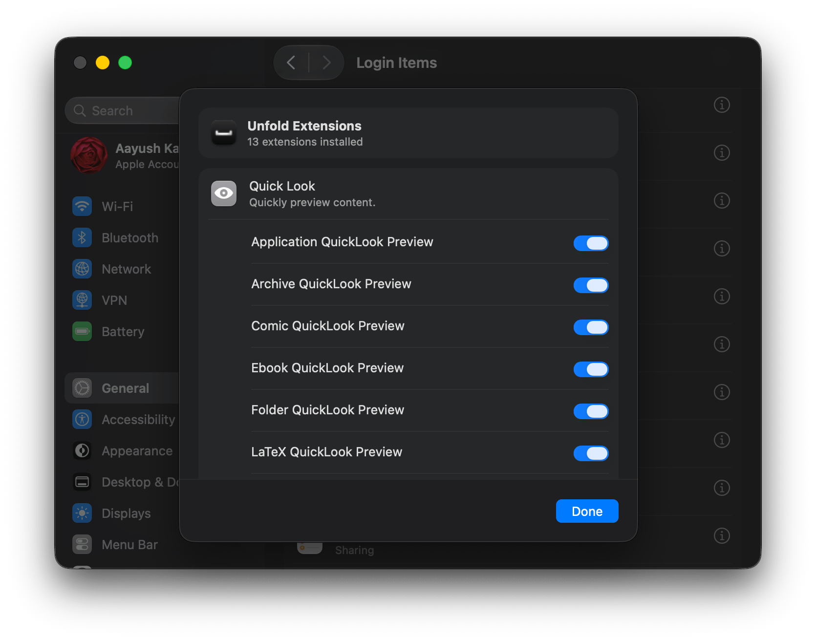 Unfold's thirteen Quick Look extensions in System Settings, each with its own switch