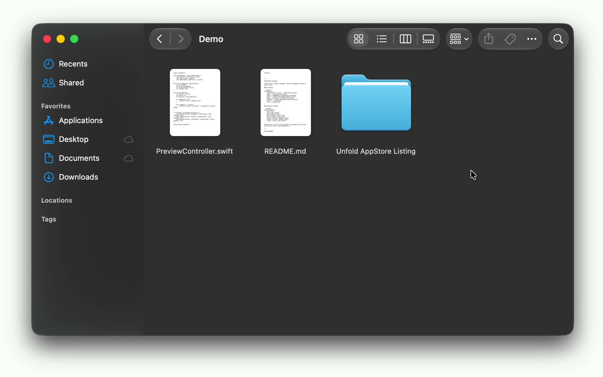 A Finder window holding a Swift file, a Markdown file and a folder